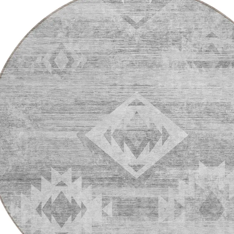 8' Silver Gray And Charcoal Round Southwestern Washable Indoor Outdoor Area Rug