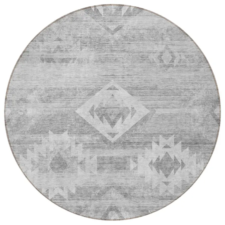 8' Silver Gray And Charcoal Round Southwestern Washable Indoor Outdoor Area Rug