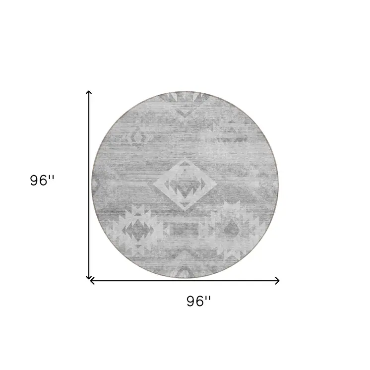8' Silver Gray And Charcoal Round Southwestern Washable Indoor Outdoor Area Rug