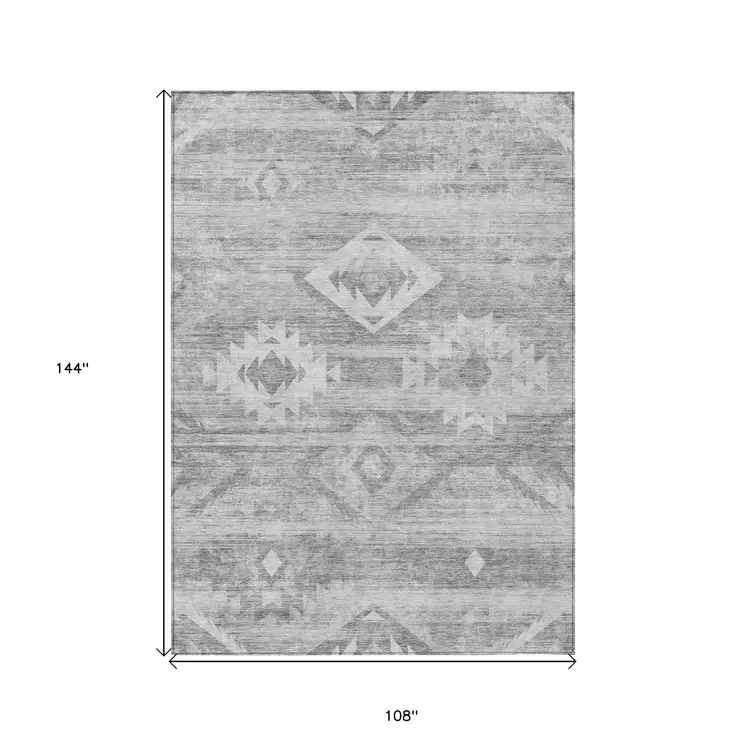 9' X 12' Silver Gray And Charcoal Southwestern Washable Indoor Outdoor Area Rug