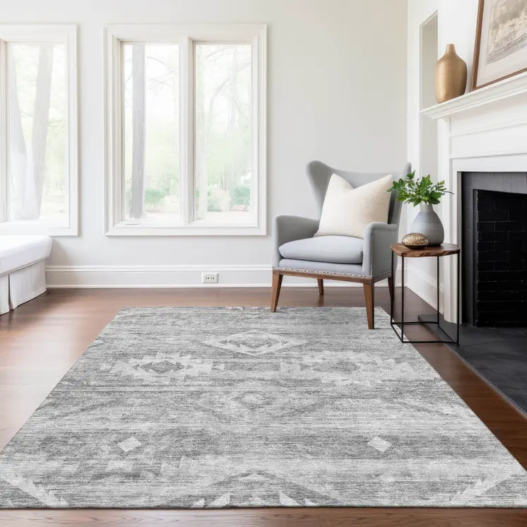 9' X 12' Silver Gray And Charcoal Southwestern Washable Indoor Outdoor Area Rug
