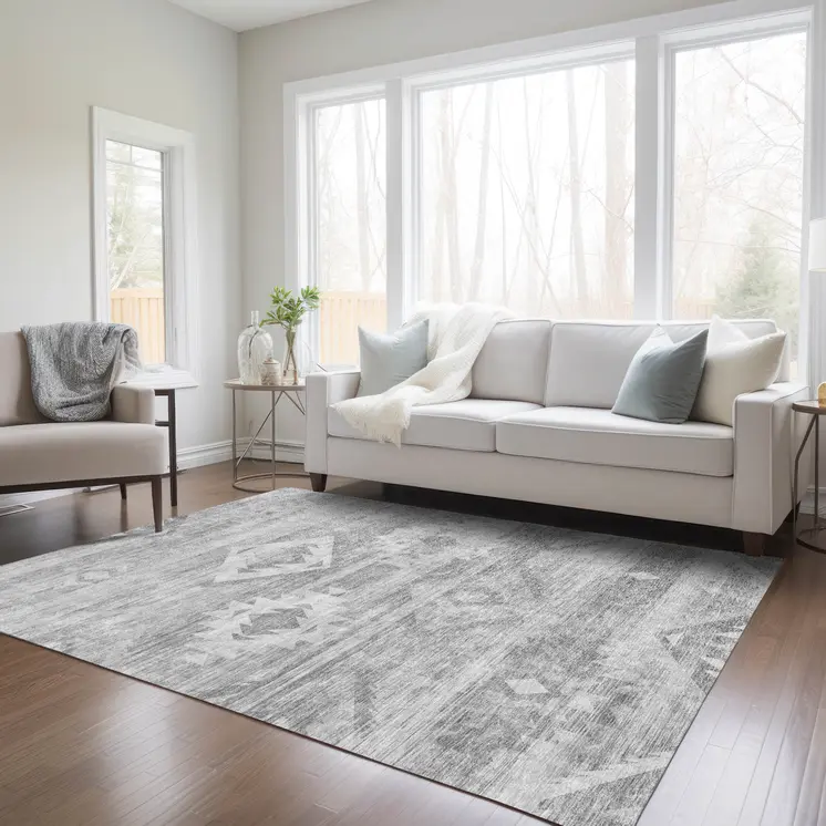 9' X 12' Silver Gray And Charcoal Southwestern Washable Indoor Outdoor Area Rug