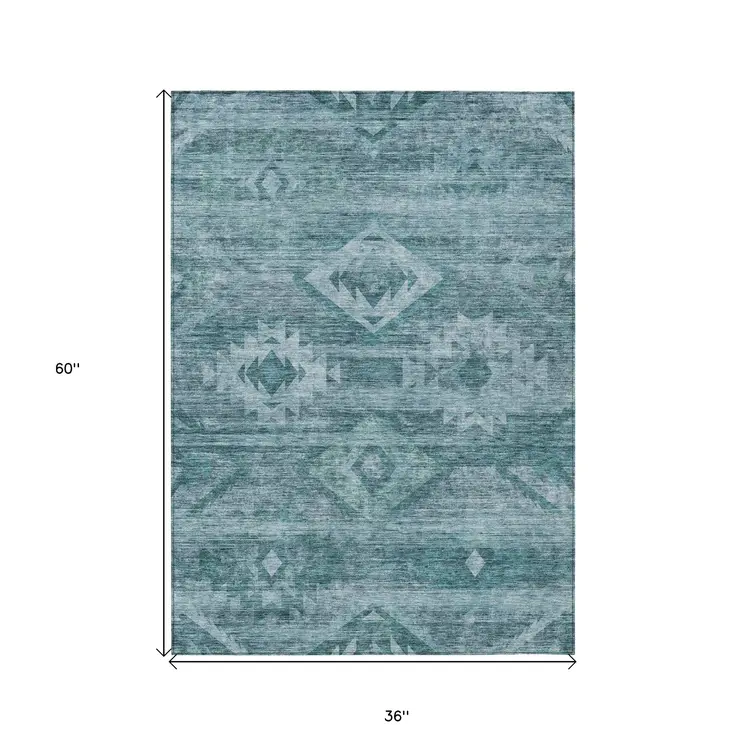 3' X 5' Teal Blue And Aqua Southwestern Washable Indoor Outdoor Area Rug