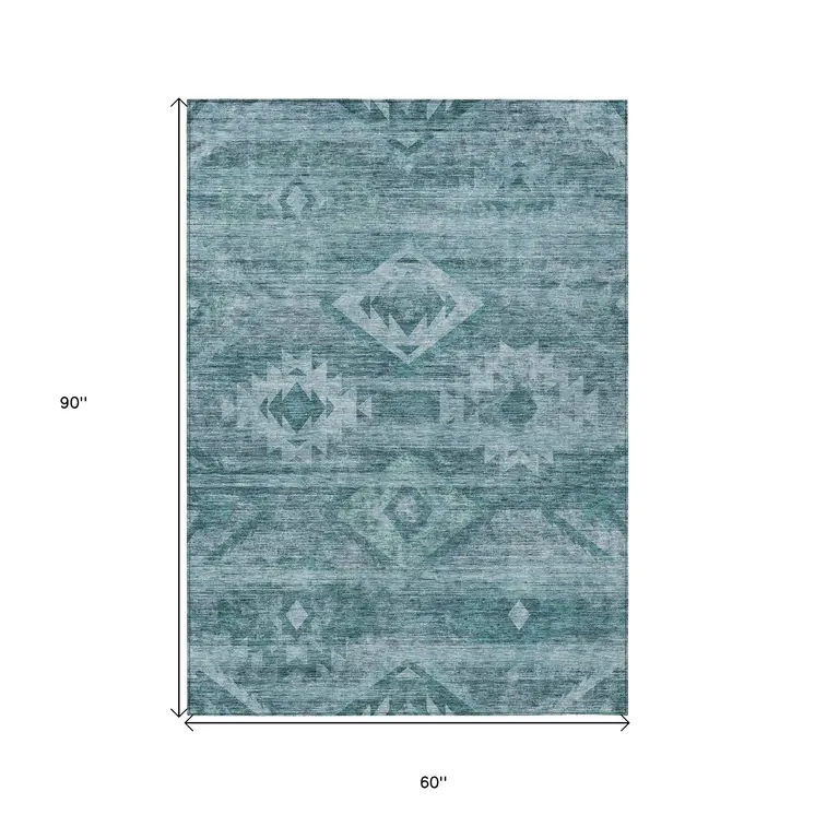 5' X 8' Teal Blue And Aqua Southwestern Washable Indoor Outdoor Area Rug