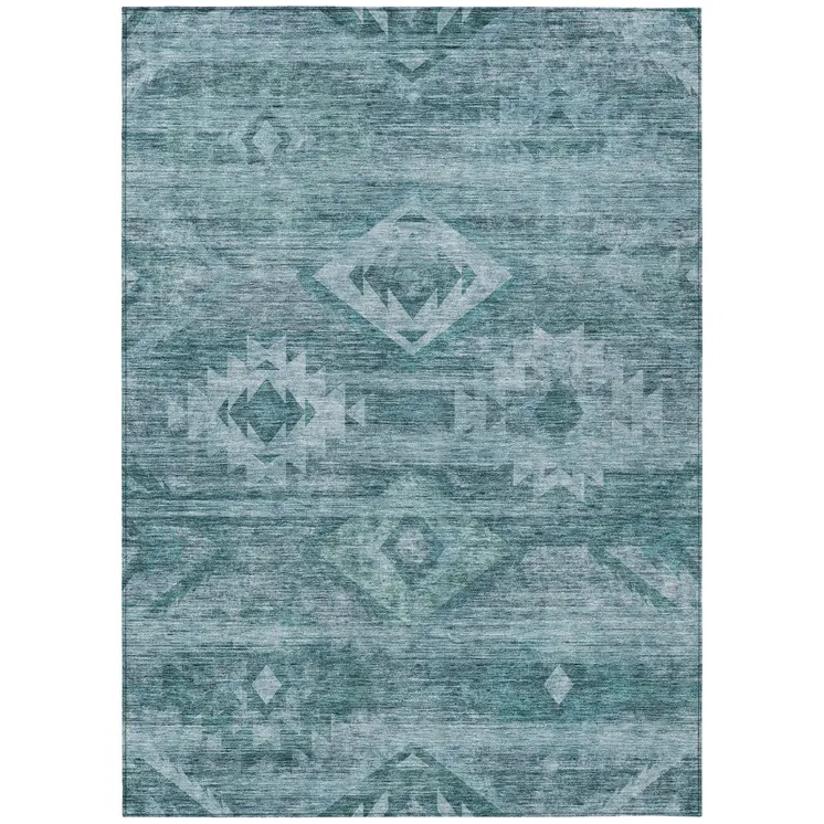5' X 8' Teal Blue And Aqua Southwestern Washable Indoor Outdoor Area Rug