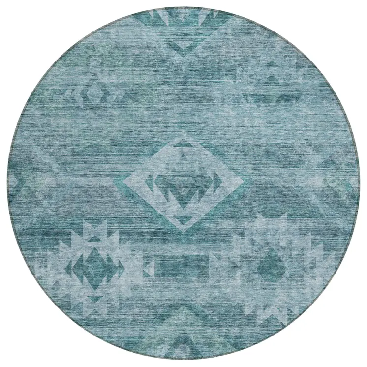 8' Teal Blue And Aqua Round Southwestern Washable Indoor Outdoor Area Rug