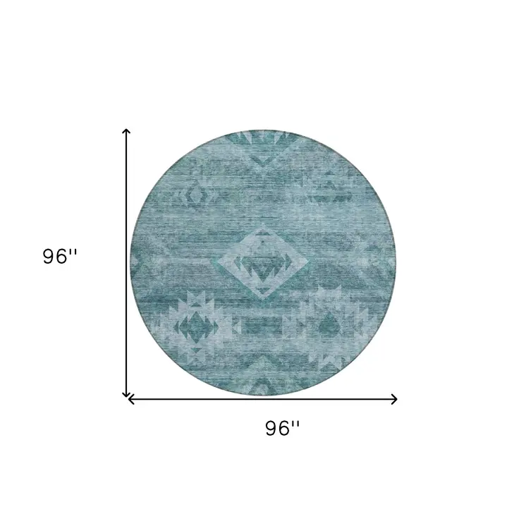 8' Teal Blue And Aqua Round Southwestern Washable Indoor Outdoor Area Rug
