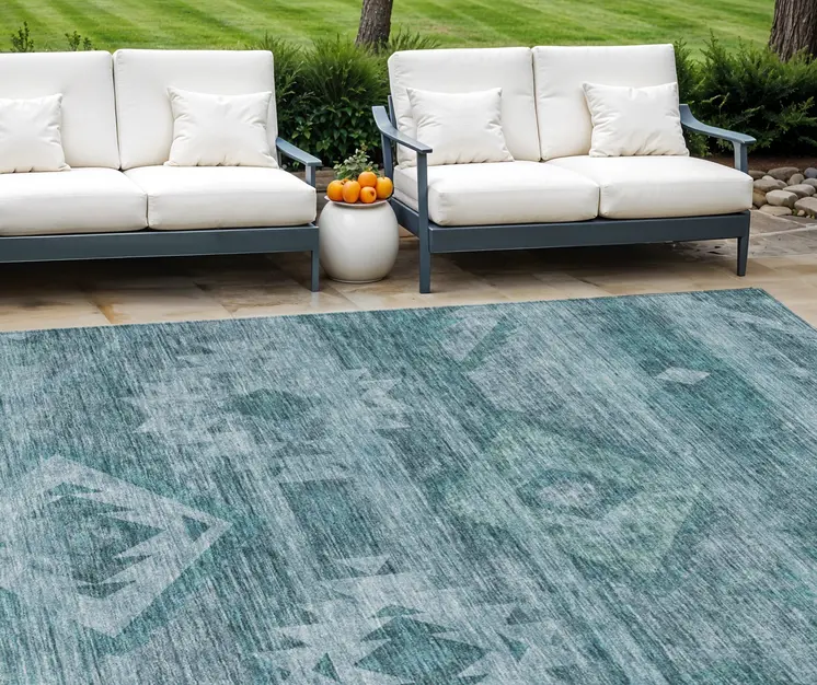 8' X 10' Teal Blue And Aqua Southwestern Washable Indoor Outdoor Area Rug