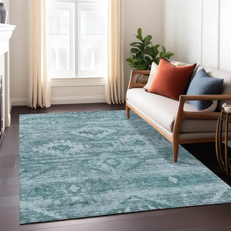 10' X 14' Teal Blue And Aqua Southwestern Washable Indoor Outdoor Area Rug