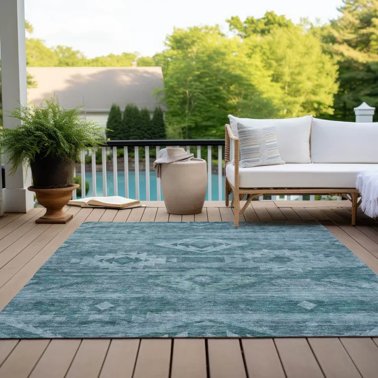 10' X 14' Teal Blue And Aqua Southwestern Washable Indoor Outdoor Area Rug
