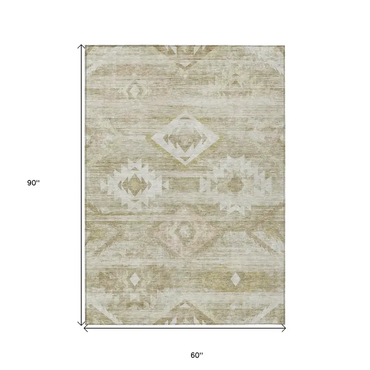 5' X 8' Taupe Beige And Tan Southwestern Washable Indoor Outdoor Area Rug