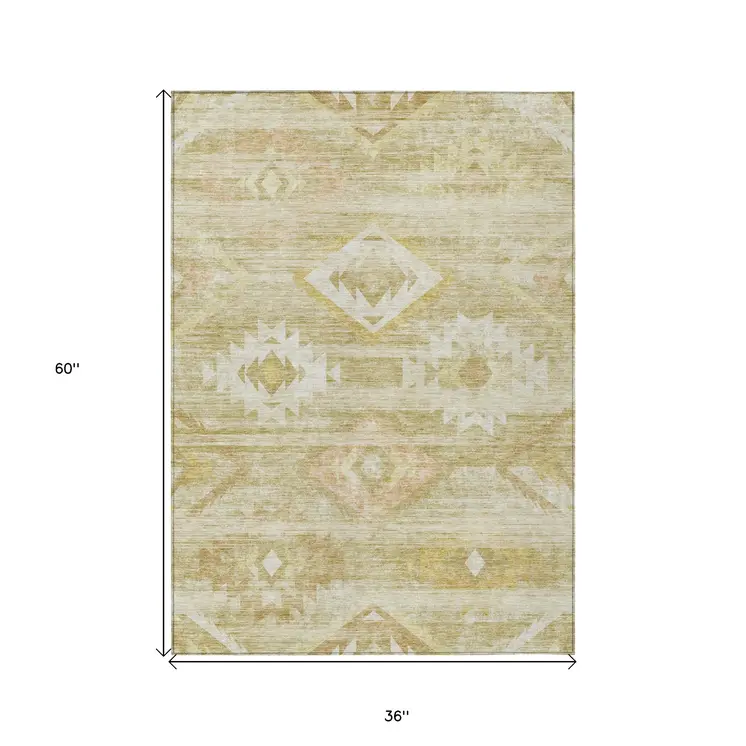 3' X 5' Wheat Gold And Beige Southwestern Washable Indoor Outdoor Area Rug
