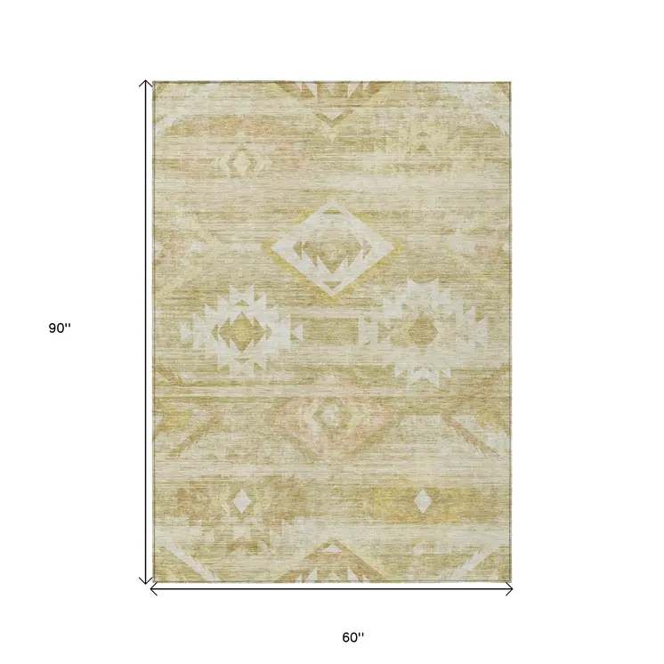 5' X 8' Wheat Gold And Beige Southwestern Washable Indoor Outdoor Area Rug