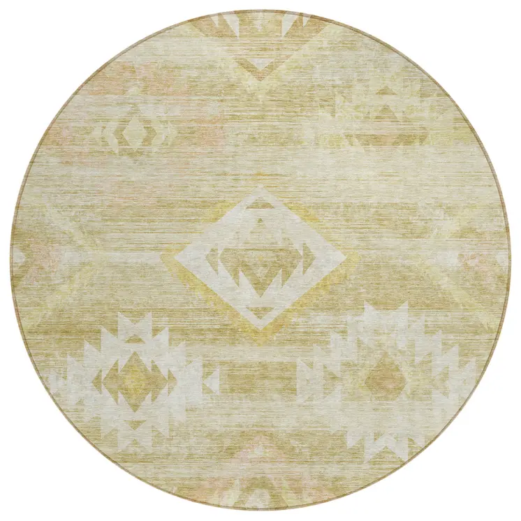 8' Wheat Gold And Beige Round Southwestern Washable Indoor Outdoor Area Rug