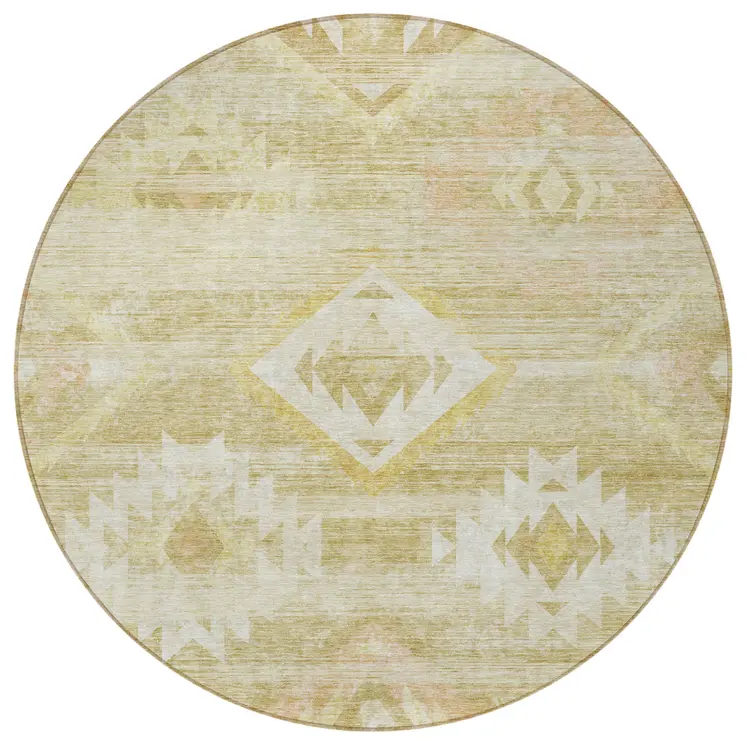 8' Wheat Gold And Beige Round Southwestern Washable Indoor Outdoor Area Rug