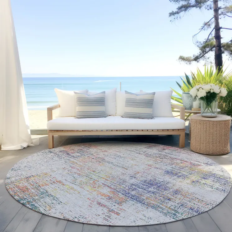 8' Ivory Orange And Blush Round Abstract Washable Indoor Outdoor Area Rug
