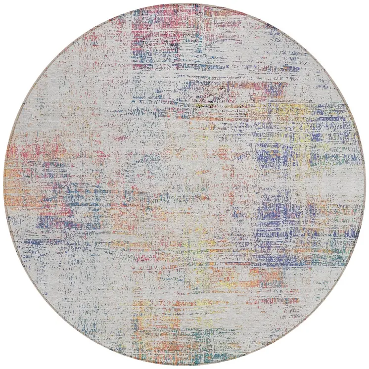 8' Ivory Orange And Blush Round Abstract Washable Indoor Outdoor Area Rug