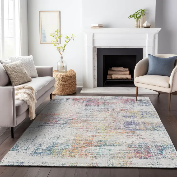 8' X 10' Ivory Orange And Blush Abstract Washable Indoor Outdoor Area Rug