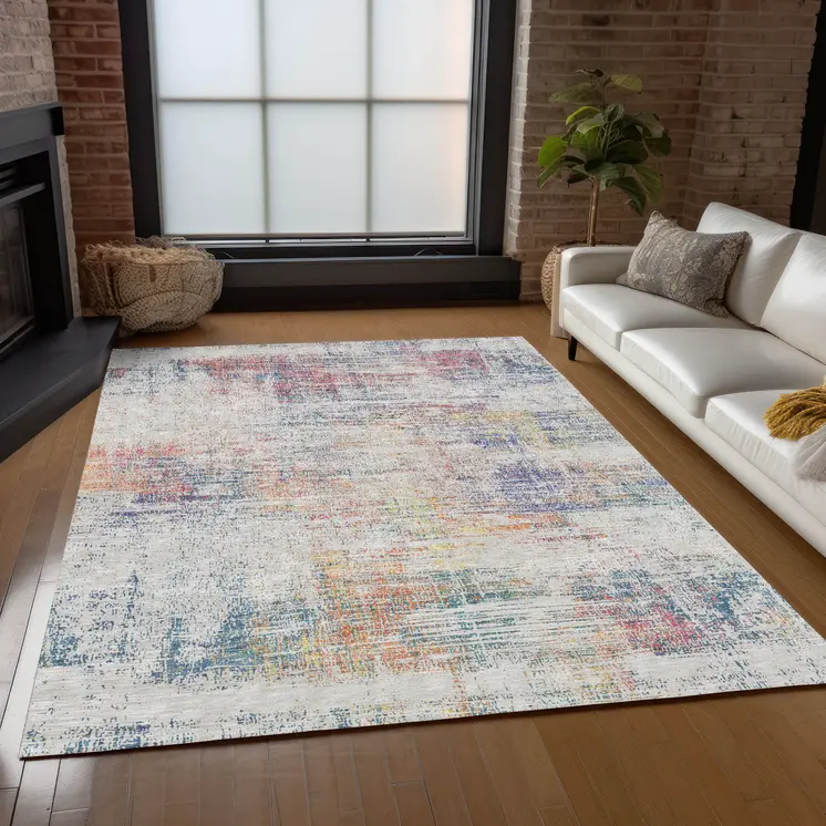 8' X 10' Ivory Orange And Blush Abstract Washable Indoor Outdoor Area Rug