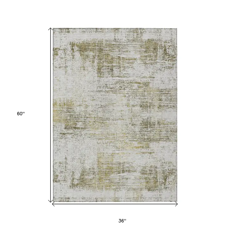 3' X 5' Pearl Ivory And Gold Abstract Washable Indoor Outdoor Area Rug