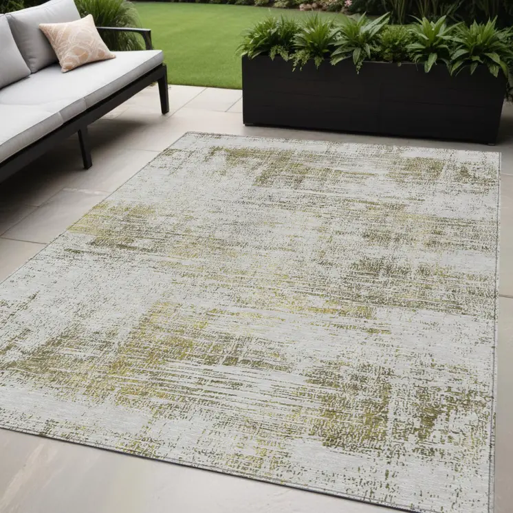5' X 8' Pearl Ivory And Gold Abstract Washable Indoor Outdoor Area Rug