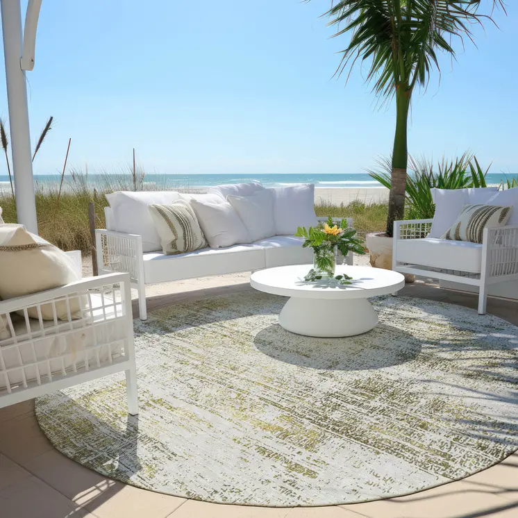 8' Pearl Ivory And Gold Round Abstract Washable Indoor Outdoor Area Rug
