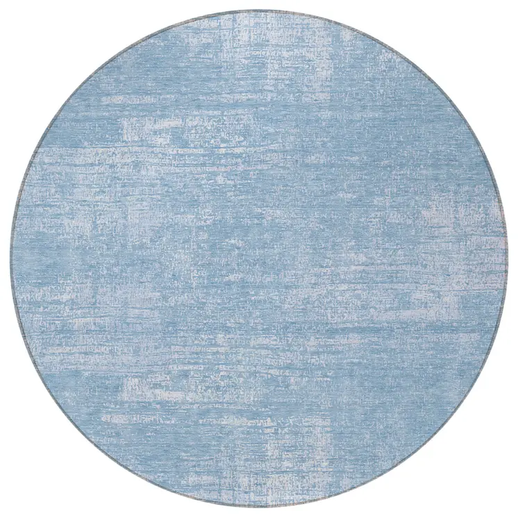 8' Navy Blue And Sky Blue Round Abstract Washable Indoor Outdoor Area Rug