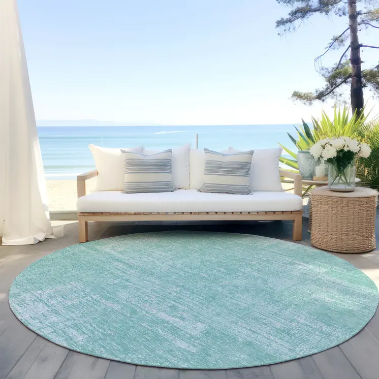 8' Turquoise And Teal Blue Round Abstract Washable Indoor Outdoor Area Rug