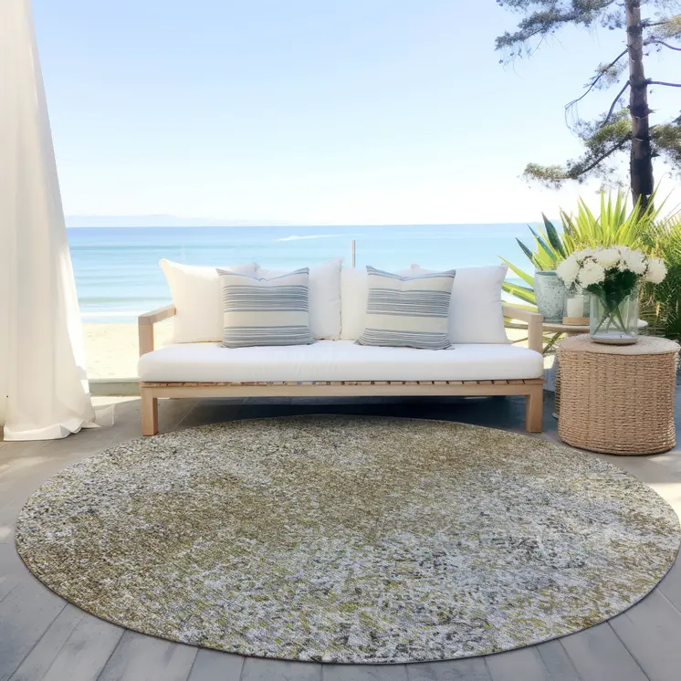 8' Brown Beige And Charcoal Round Oriental Washable Indoor Outdoor Area Rug
