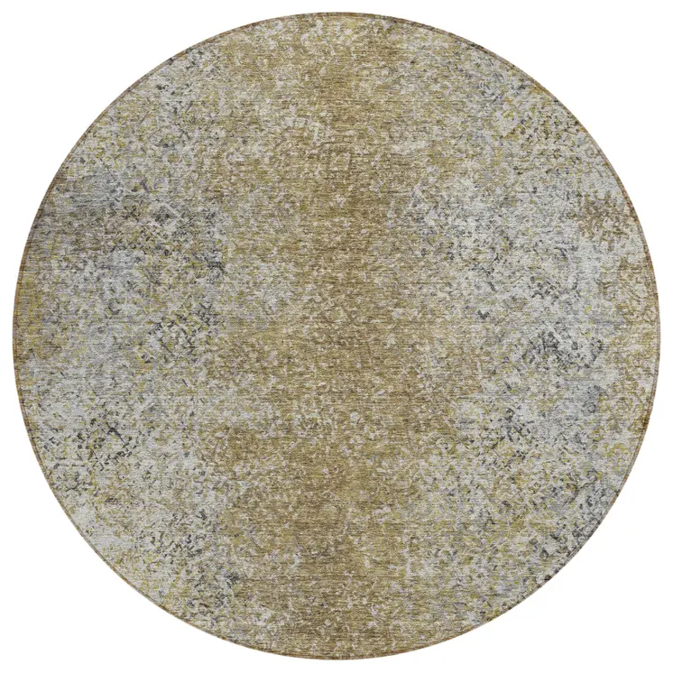 8' Brown Beige And Charcoal Round Oriental Washable Indoor Outdoor Area Rug