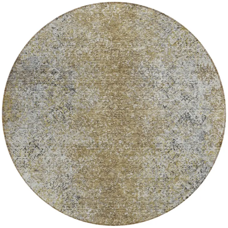 8' Brown Beige And Charcoal Round Oriental Washable Indoor Outdoor Area Rug