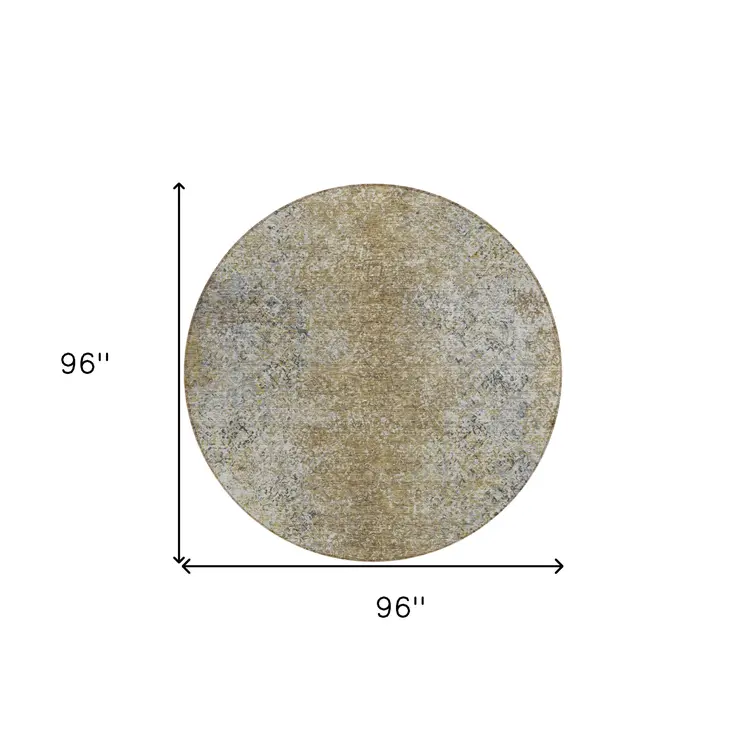 8' Brown Beige And Charcoal Round Oriental Washable Indoor Outdoor Area Rug