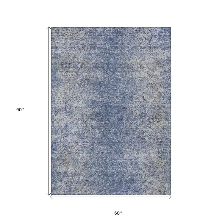 5' X 8' Denim Blue And Sky Blue Oriental Washable Indoor Outdoor Area Rug