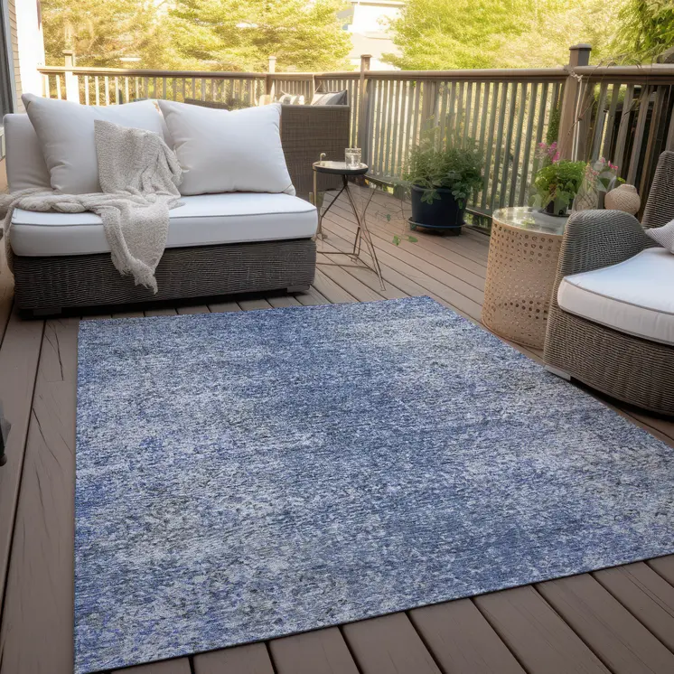 5' X 8' Denim Blue And Sky Blue Oriental Washable Indoor Outdoor Area Rug
