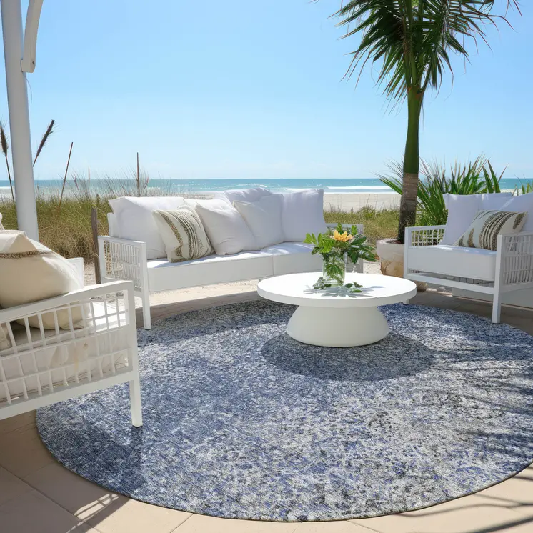 8' Denim Blue And Sky Blue Round Oriental Washable Indoor Outdoor Area Rug