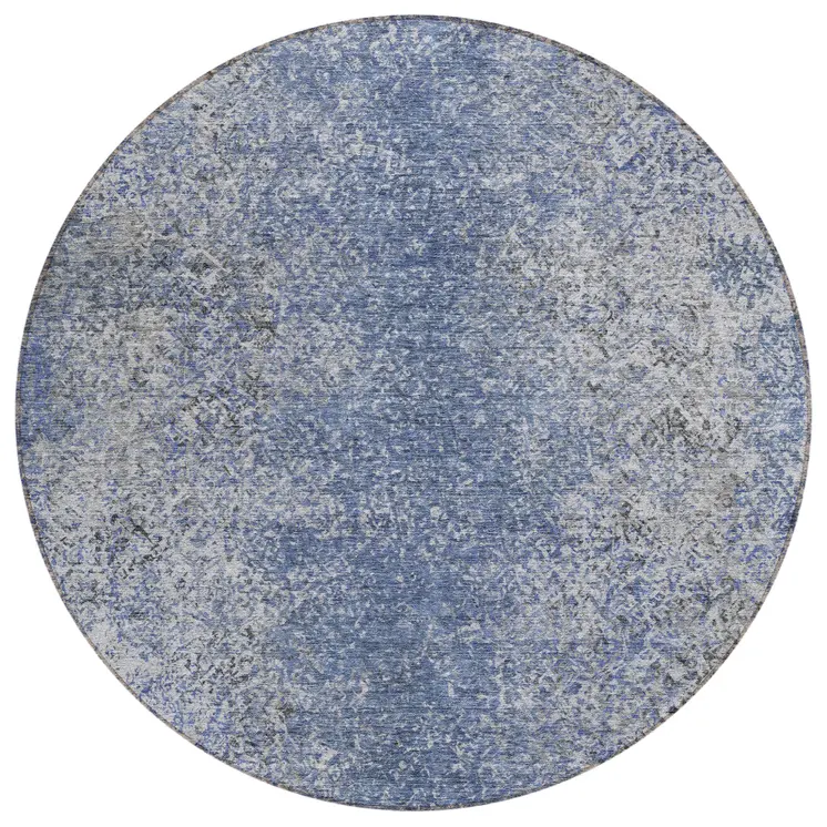 8' Denim Blue And Sky Blue Round Oriental Washable Indoor Outdoor Area Rug
