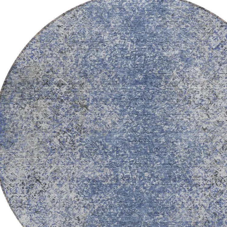8' Denim Blue And Sky Blue Round Oriental Washable Indoor Outdoor Area Rug