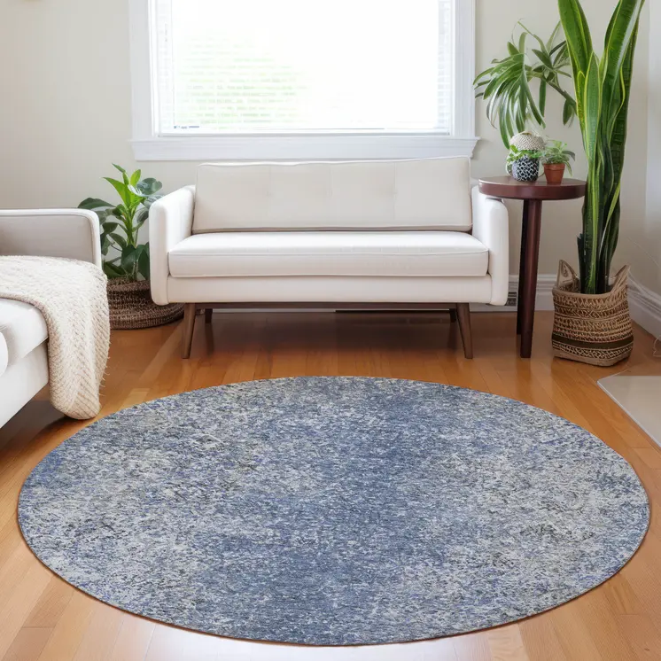 8' Denim Blue And Sky Blue Round Oriental Washable Indoor Outdoor Area Rug