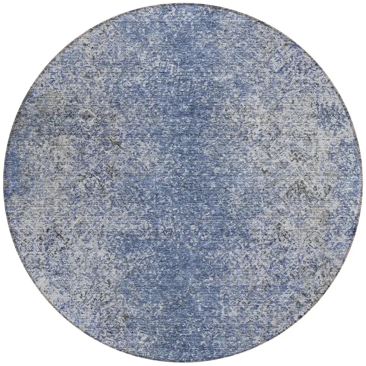 8' Denim Blue And Sky Blue Round Oriental Washable Indoor Outdoor Area Rug