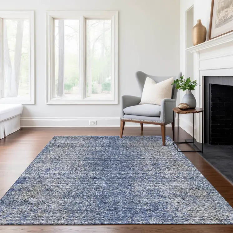 8' X 10' Denim Blue And Sky Blue Oriental Washable Indoor Outdoor Area Rug