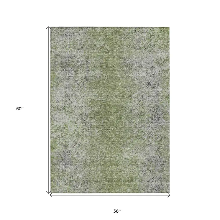 3' X 5' Fern Green Artichoke Green And Ivory Oriental Washable Indoor Outdoor Area Rug