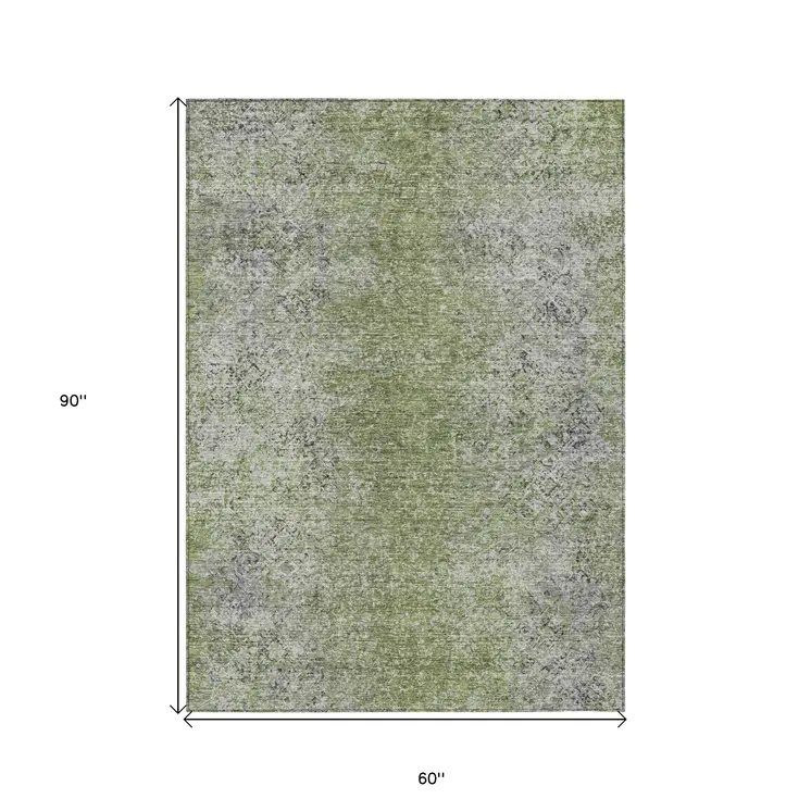 5' X 8' Fern Green Artichoke Green And Ivory Oriental Washable Indoor Outdoor Area Rug