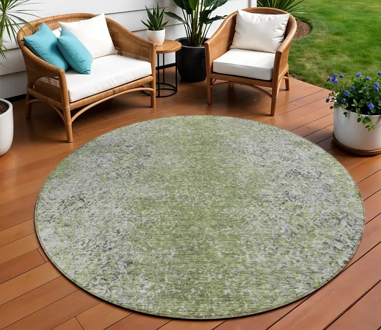8' Fern Green Artichoke Green And Ivory Round Oriental Washable Indoor Outdoor Area Rug