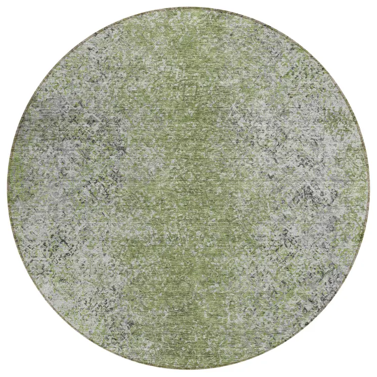 8' Fern Green Artichoke Green And Ivory Round Oriental Washable Indoor Outdoor Area Rug