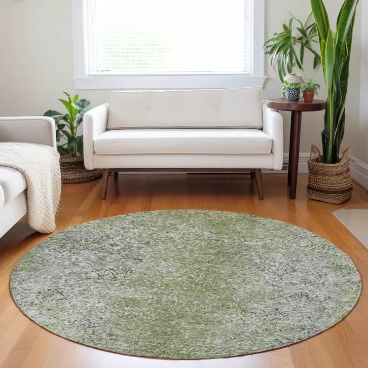 8' Fern Green Artichoke Green And Ivory Round Oriental Washable Indoor Outdoor Area Rug