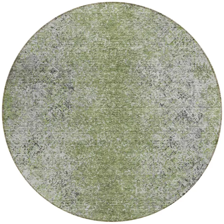 8' Fern Green Artichoke Green And Ivory Round Oriental Washable Indoor Outdoor Area Rug