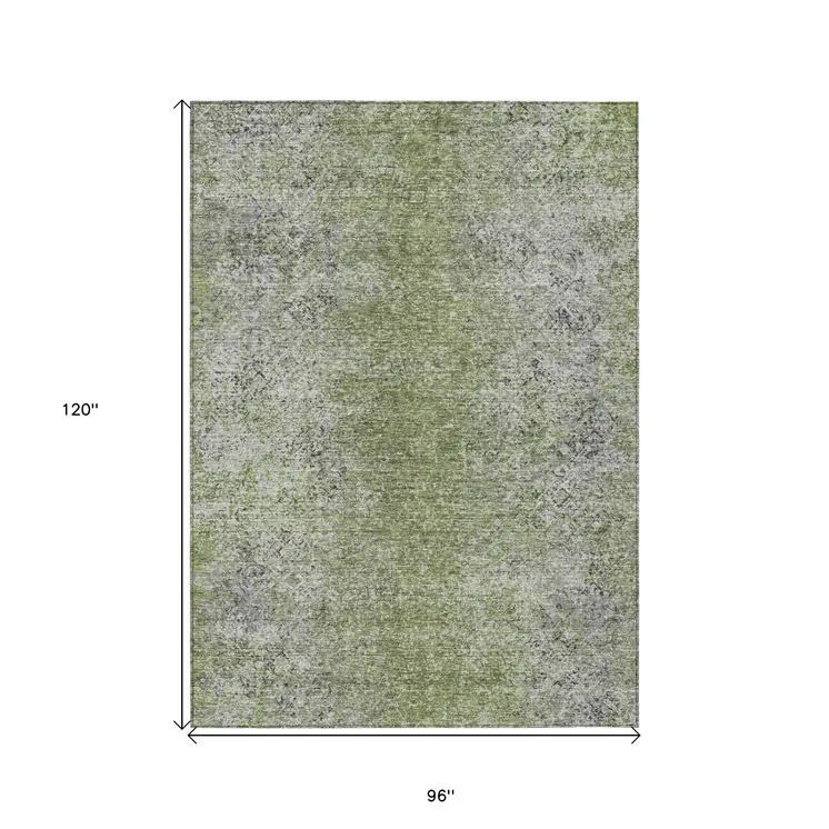 8' X 10' Fern Green Artichoke Green And Ivory Oriental Washable Indoor Outdoor Area Rug