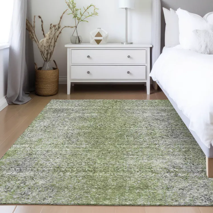 10' X 14' Fern Green Artichoke Green And Ivory Oriental Washable Indoor Outdoor Area Rug