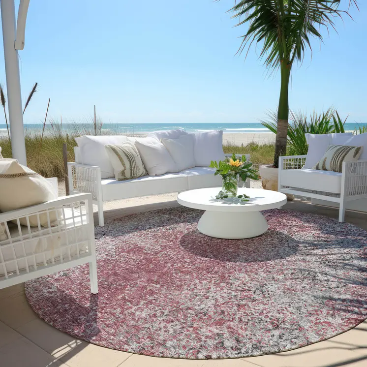 8' Merlot Silver And Gray Round Oriental Washable Indoor Outdoor Area Rug