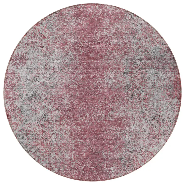 8' Merlot Silver And Gray Round Oriental Washable Indoor Outdoor Area Rug